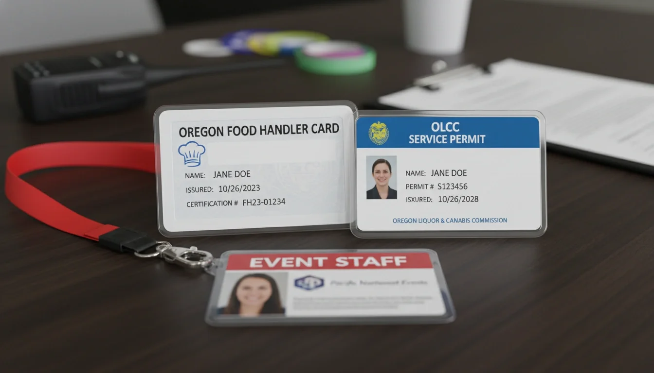 Professional event staff credentials including food handler card and OLCC permit Oregon