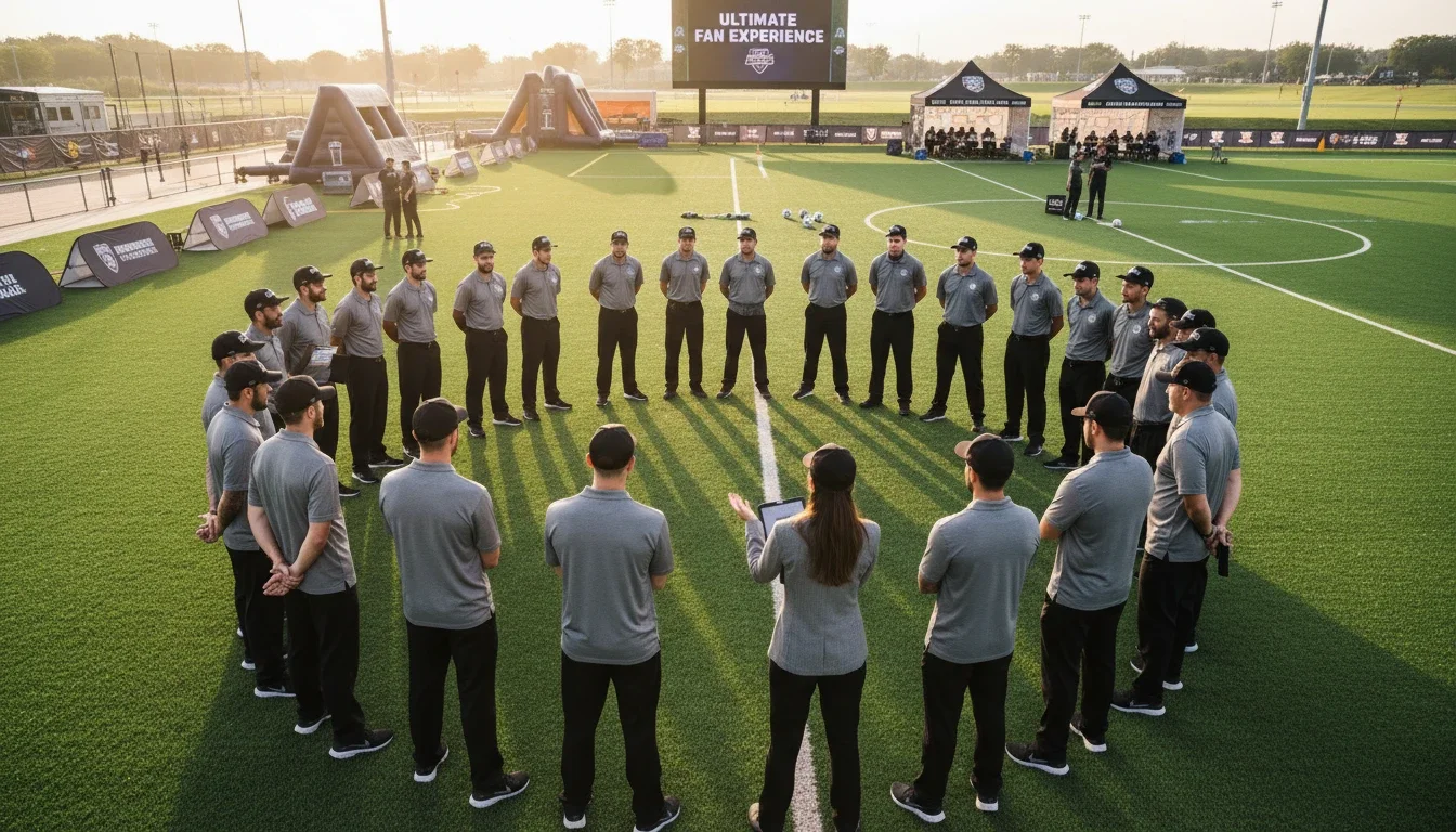 Professional event staff team briefing before a sports activation deployment
