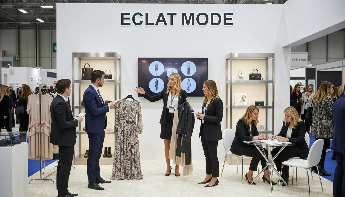 Trade show staff facilitating a product presentation and buyer conversation at a fashion trade show