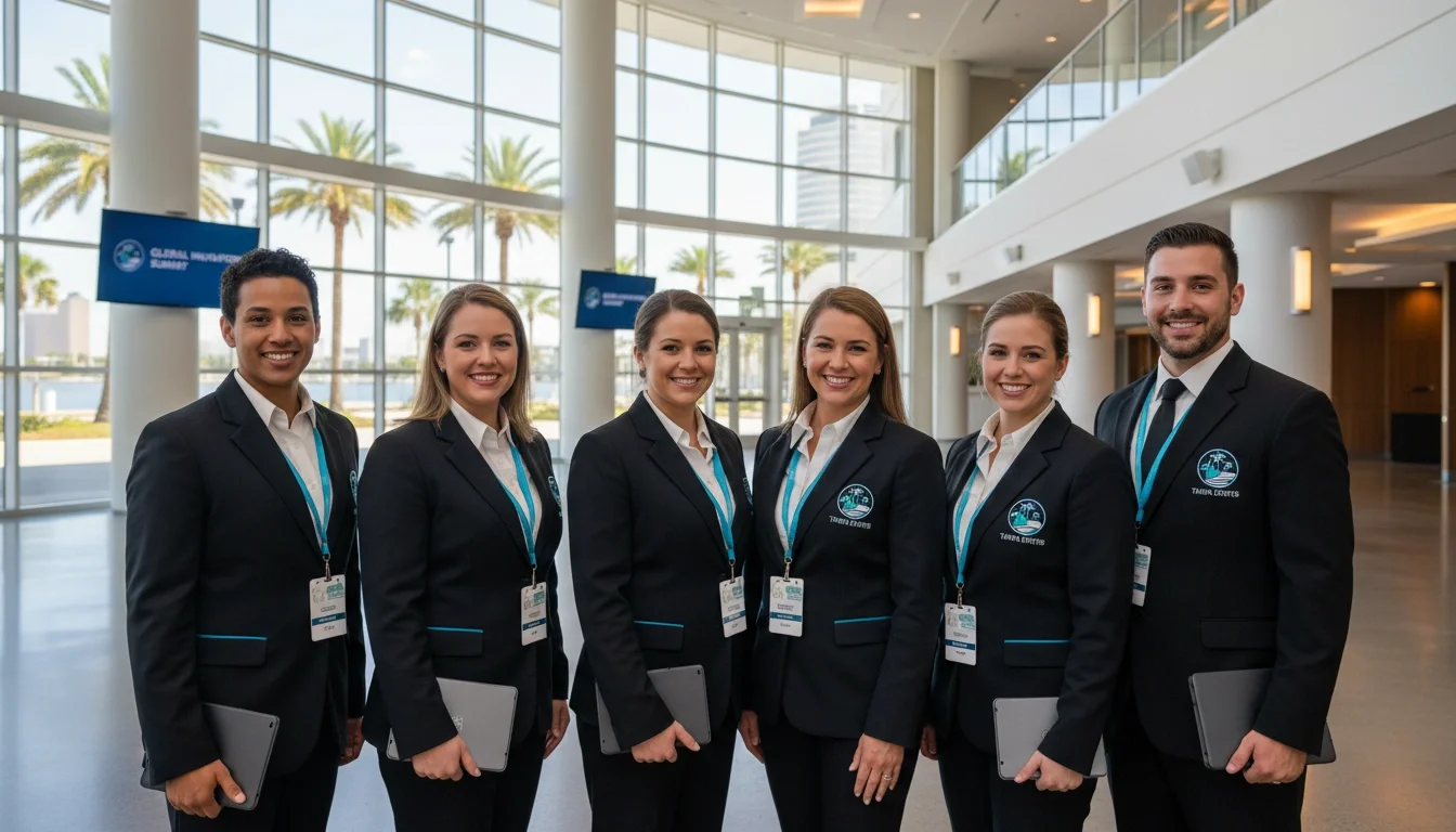 A professional event staff team in branded uniforms at a Tampa conference venue