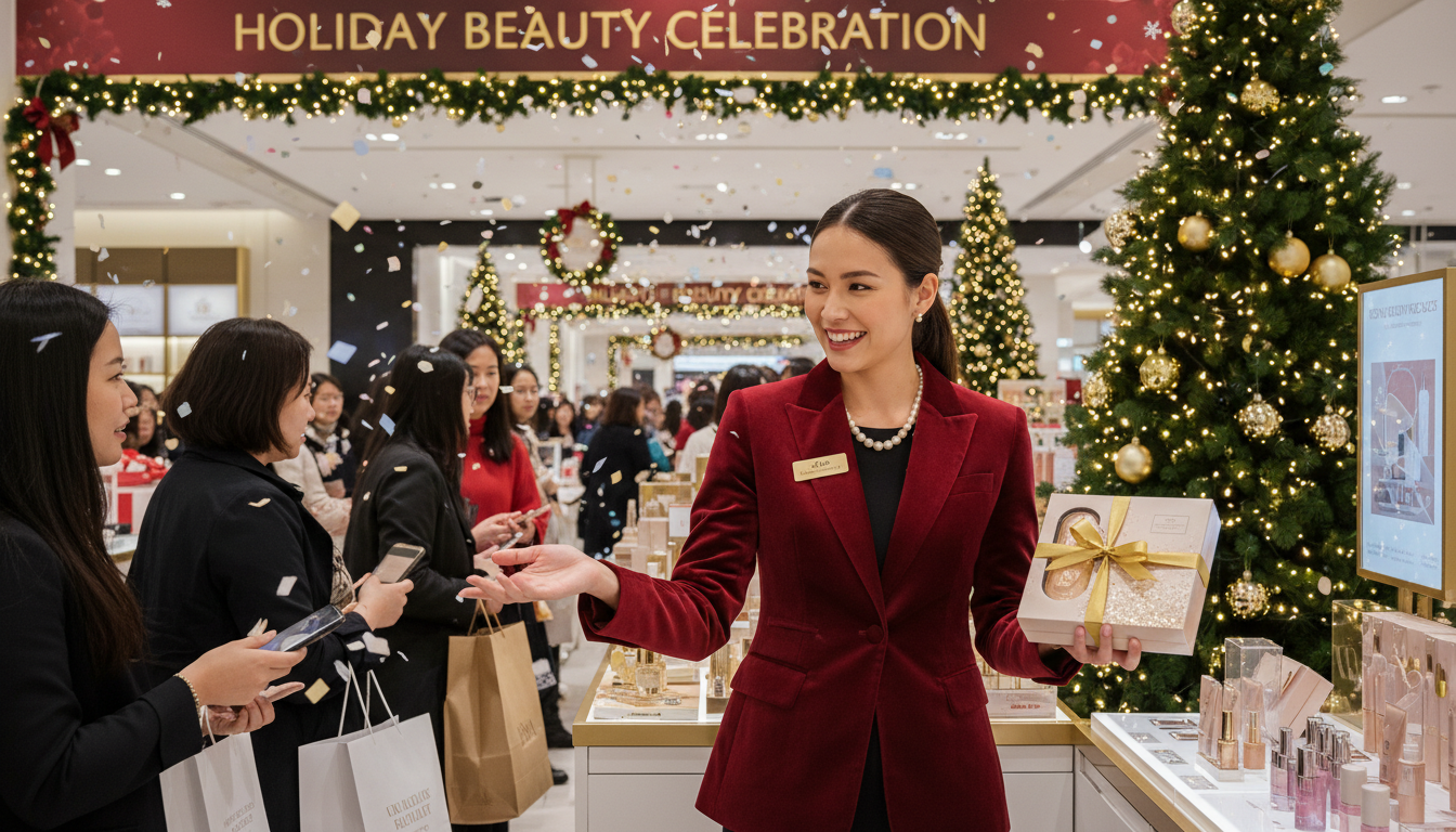 Professional retail event staff member assisting customers during holiday peak season