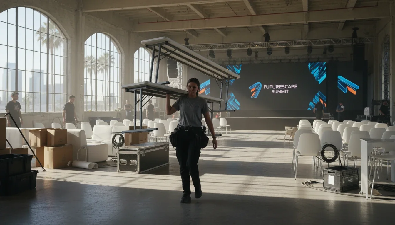 Event production assistant setting up furniture and equipment during load-in at a corporate event in Los Angeles