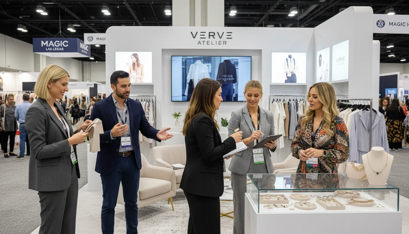 Professional brand ambassadors engaging fashion buyers at a MAGIC Las Vegas trade show booth