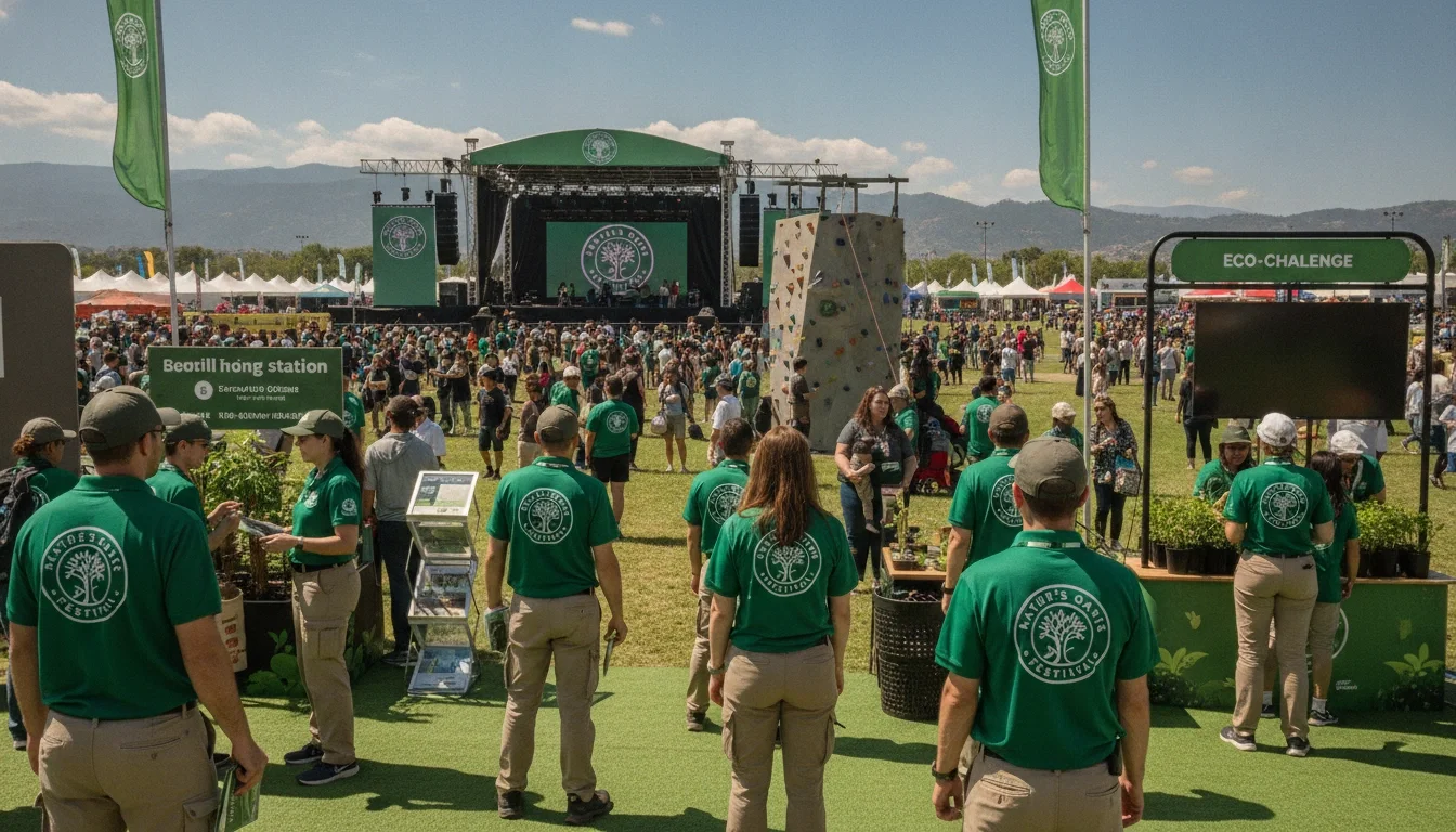 Professional event staff in branded uniforms working at a large-scale outdoor event activation