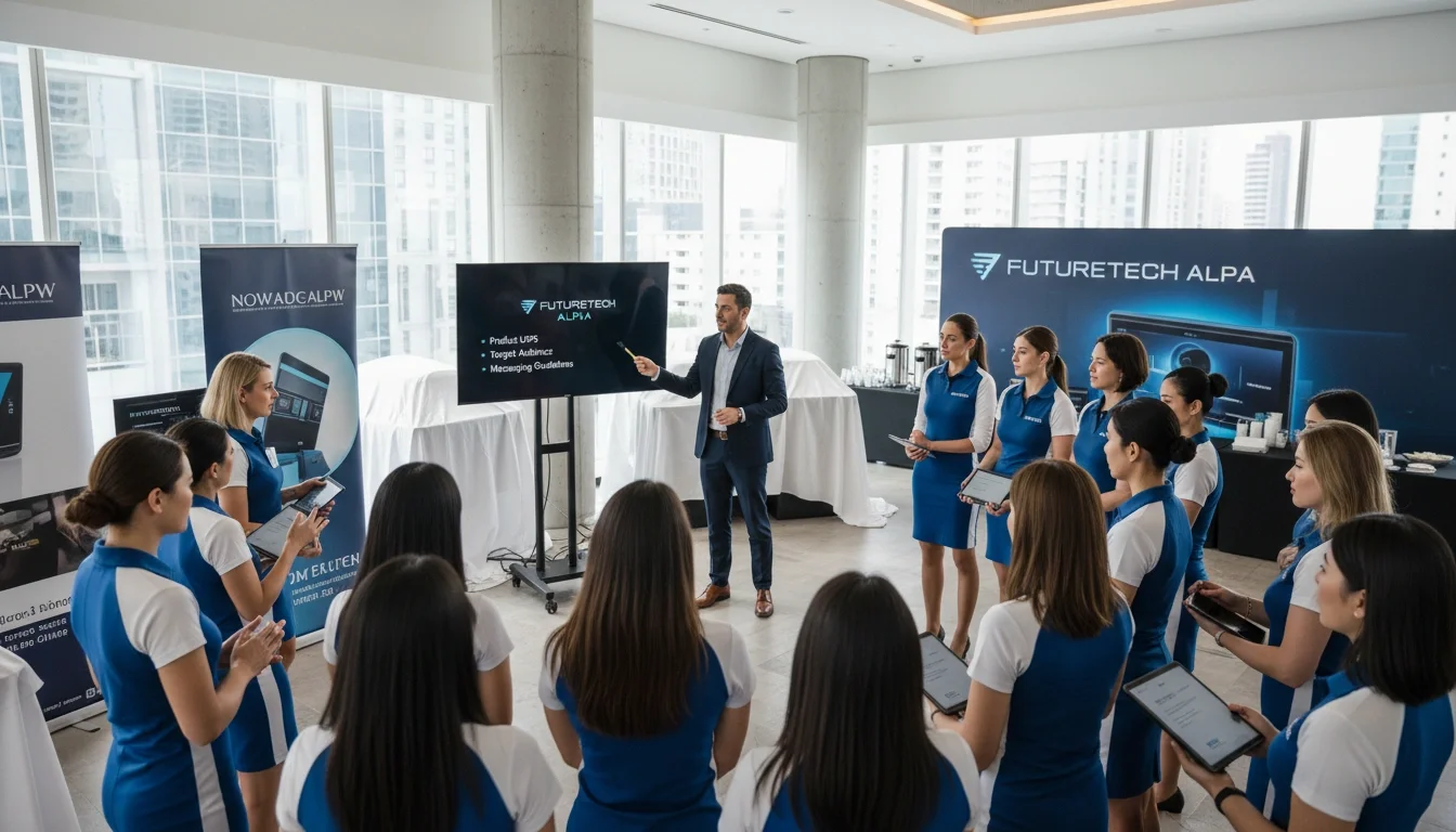 Professional promotional staff receiving brand briefing training before a product launch activation