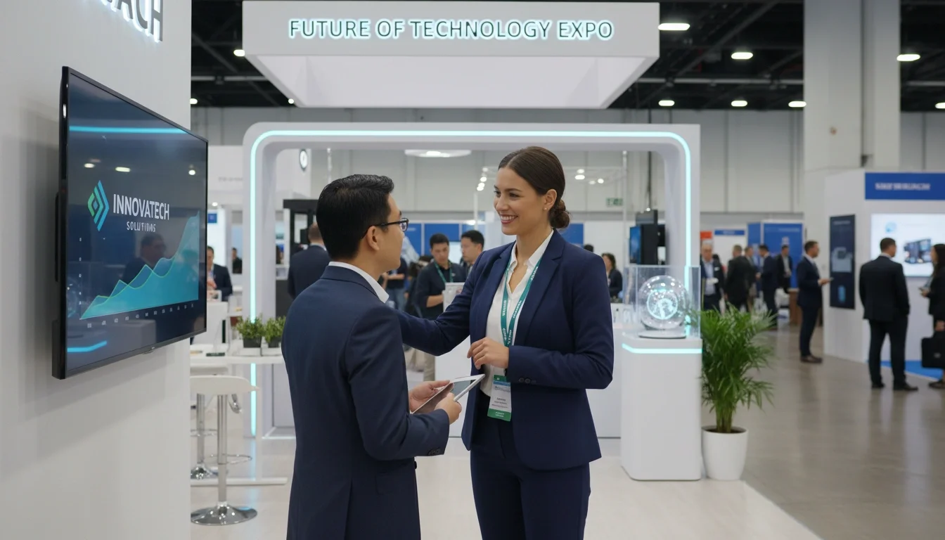 A professional trade show brand ambassador engaging with an attendee at a convention exhibit
