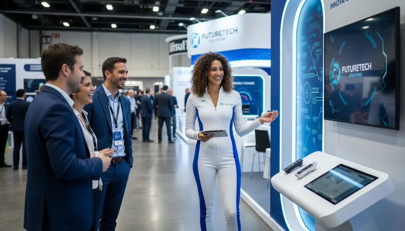 Trade show brand ambassador engaging visitors at an expo booth