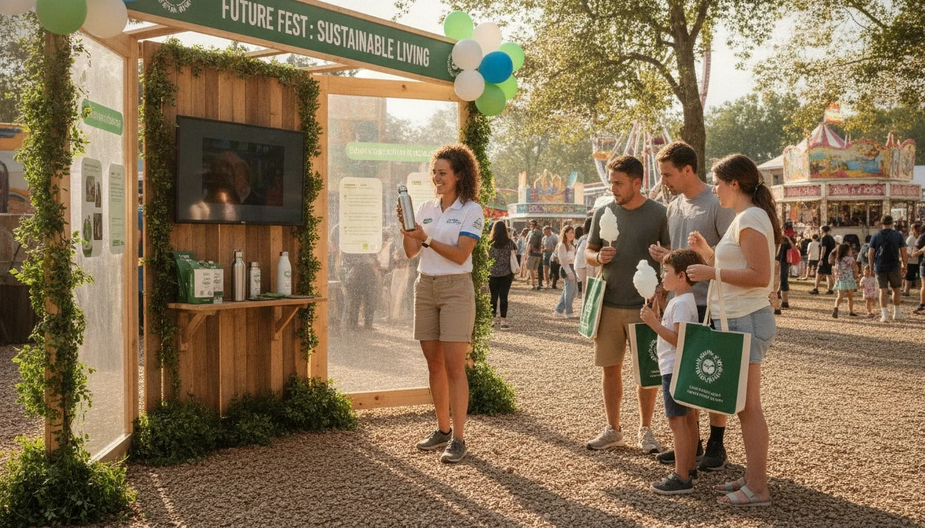 A brand ambassador engages fairgoers at an outdoor activation booth