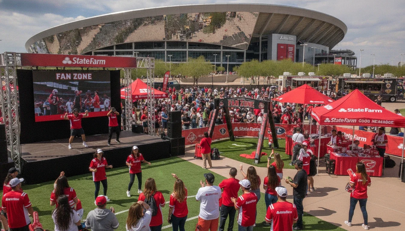Brand ambassador team engaging fans during a pre‑game experiential marketing activation outside State Farm Stadium