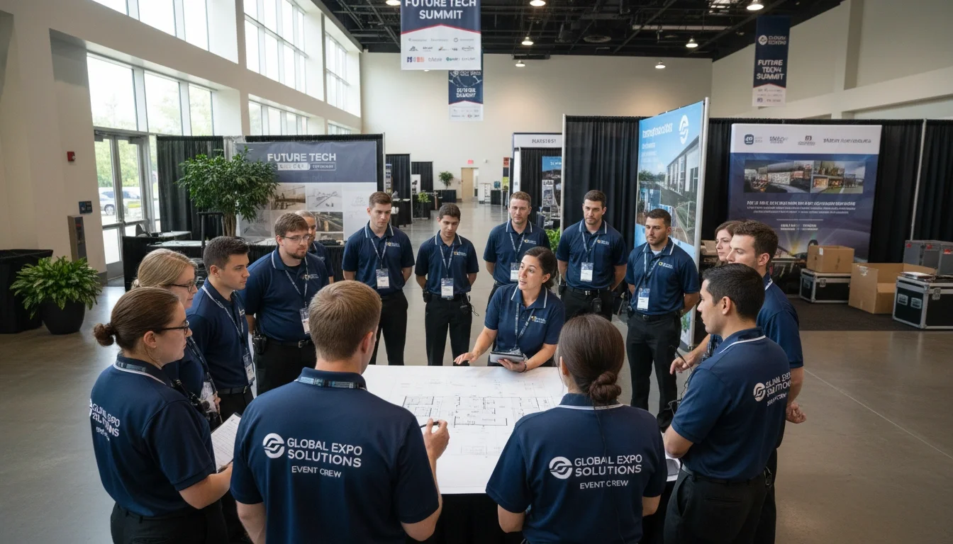 Event staff in branded uniforms conducting a pre-show briefing before a trade show