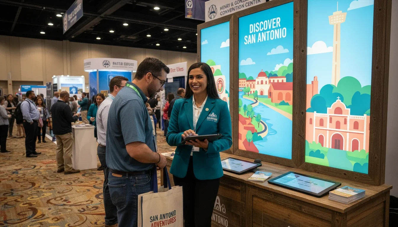 Brand ambassador engaging a visitor at a San Antonio trade show booth