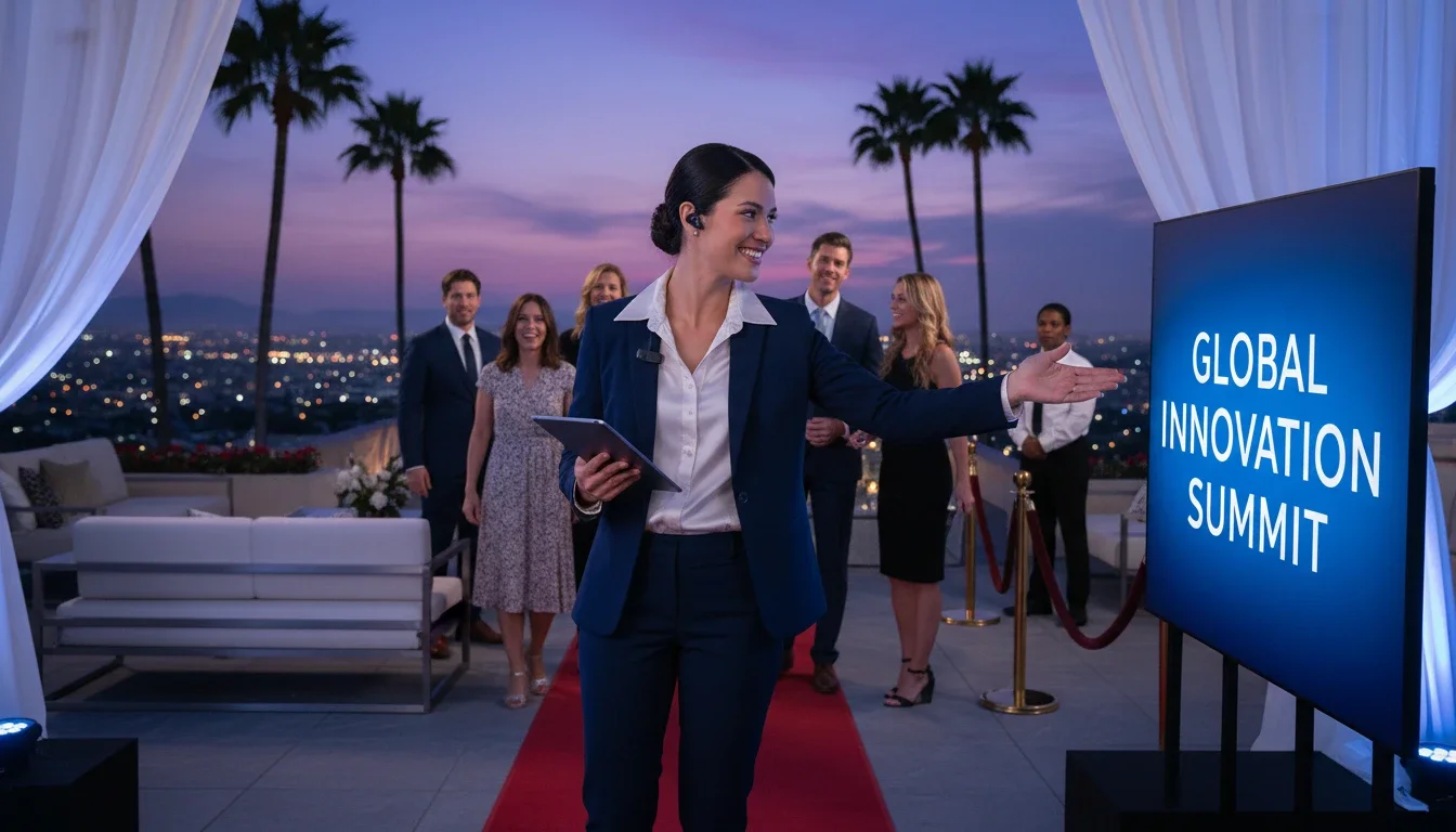 professional event production assistant assisting guests at high-end Los Angeles event