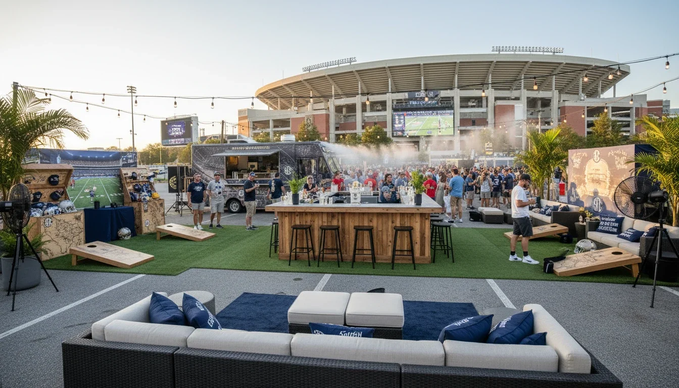 SEC football tailgate brand activation zone with fans engaging with sponsor booth