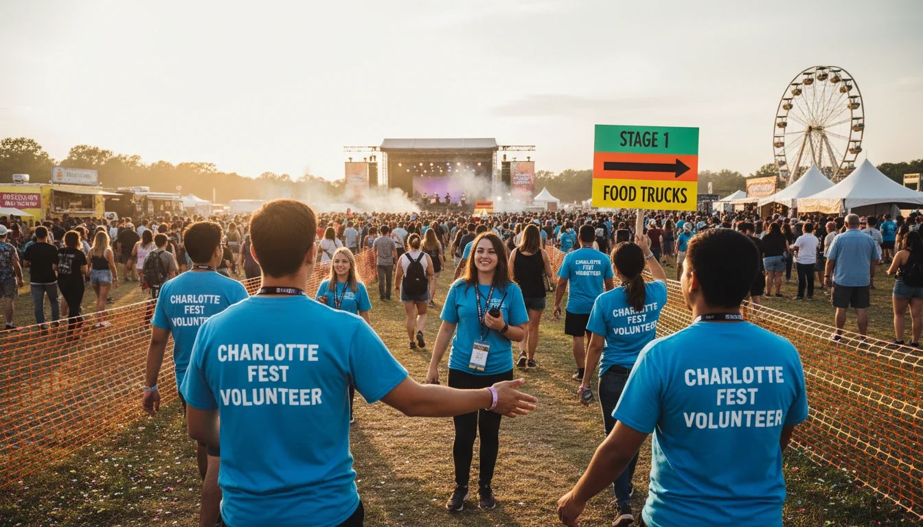 Event staff managing guest flow at a Charlotte outdoor festival