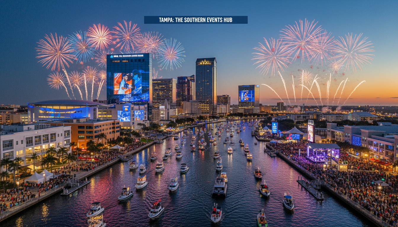 Tampa's waterfront skyline during a major event season — one of the South's most active event markets