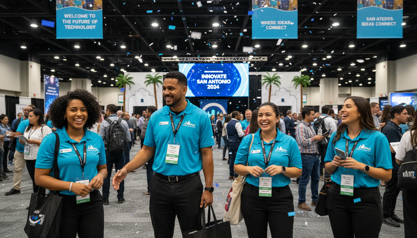 Professional event staff working at a San Antonio convention event, smiling and engaging with attendees