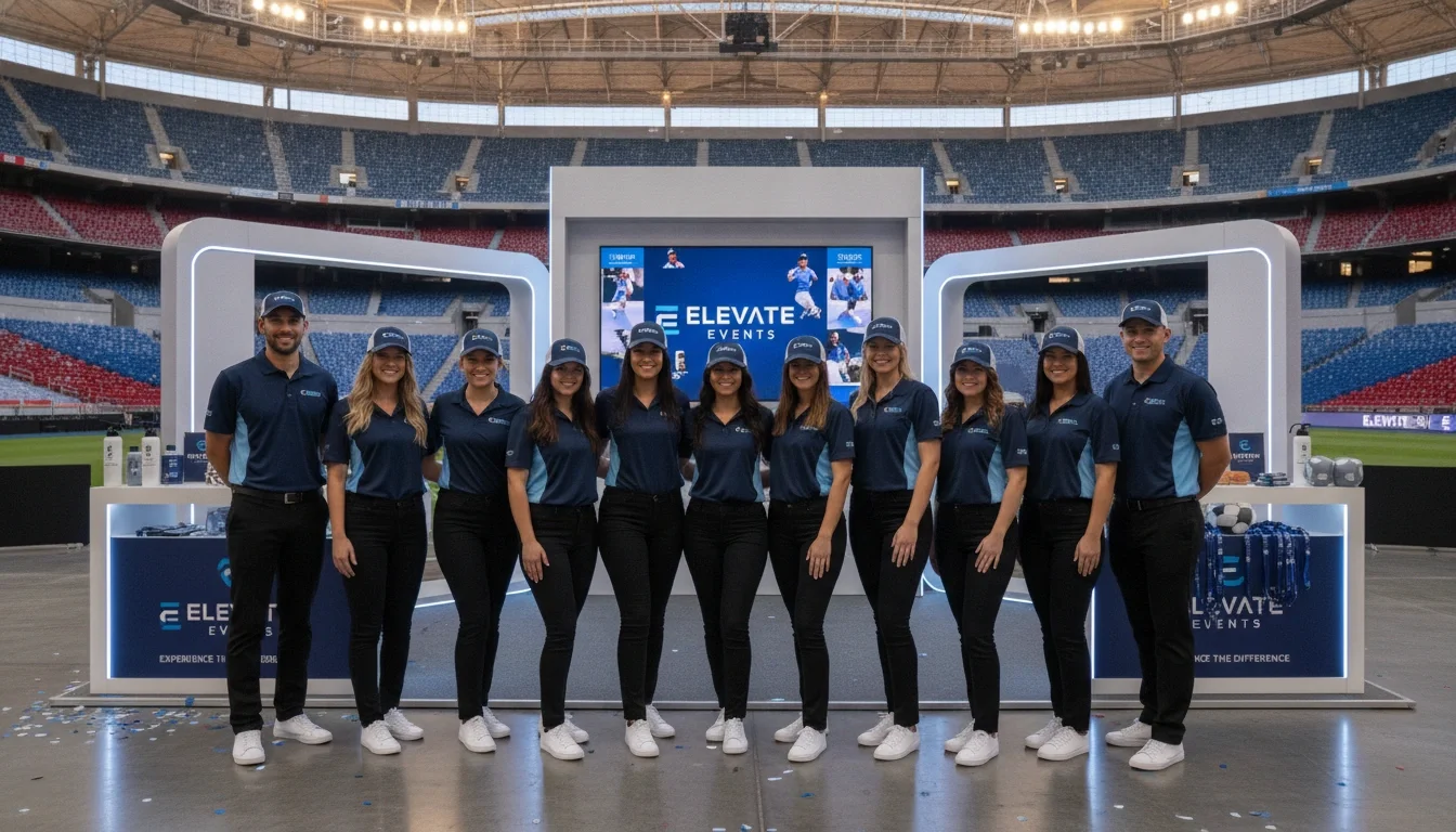 A professional event staffing team in branded uniforms positioned at a brand activation booth inside a stadium venue