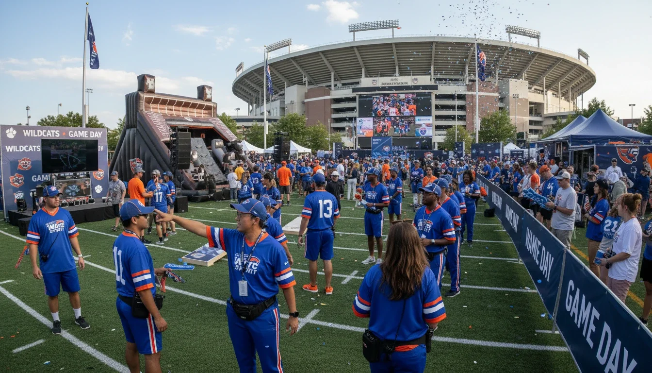 Event staffing team in branded uniforms managing a high-traffic game day activation