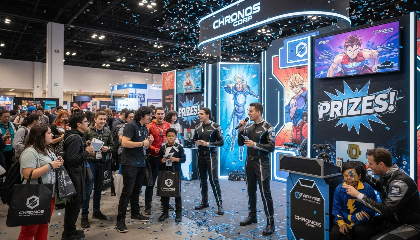 A brand activation booth staffed by engaged professionals at a pop culture convention