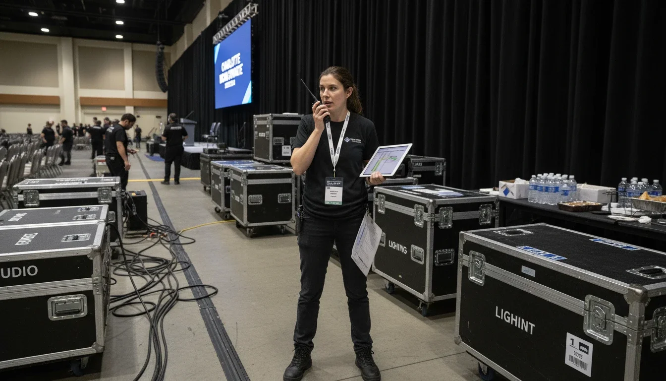 Production assistant managing event logistics backstage at a Charlotte conference