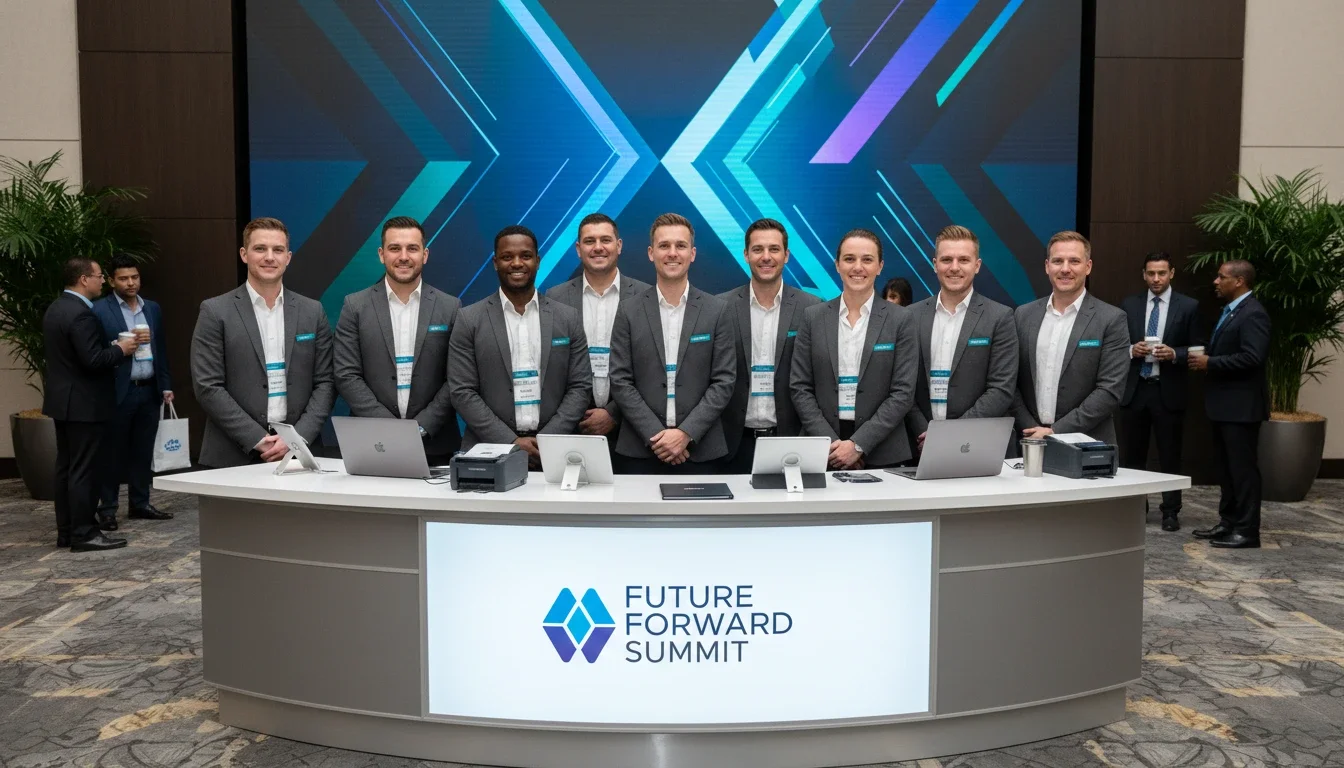 Professional event staffing team in matching uniforms standing at a corporate event registration desk