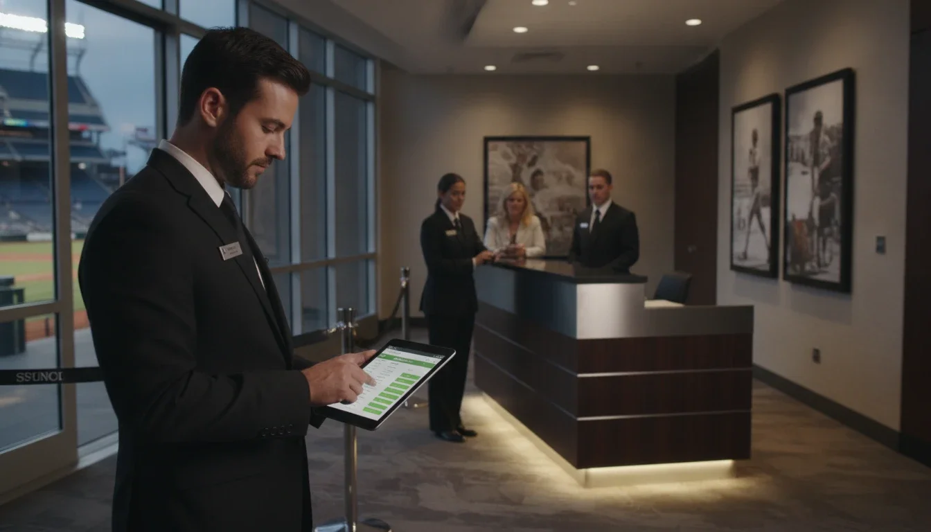 A professional event staffing team member reviewing a tablet with guest check-in data at a premium stadium hospitality entrance