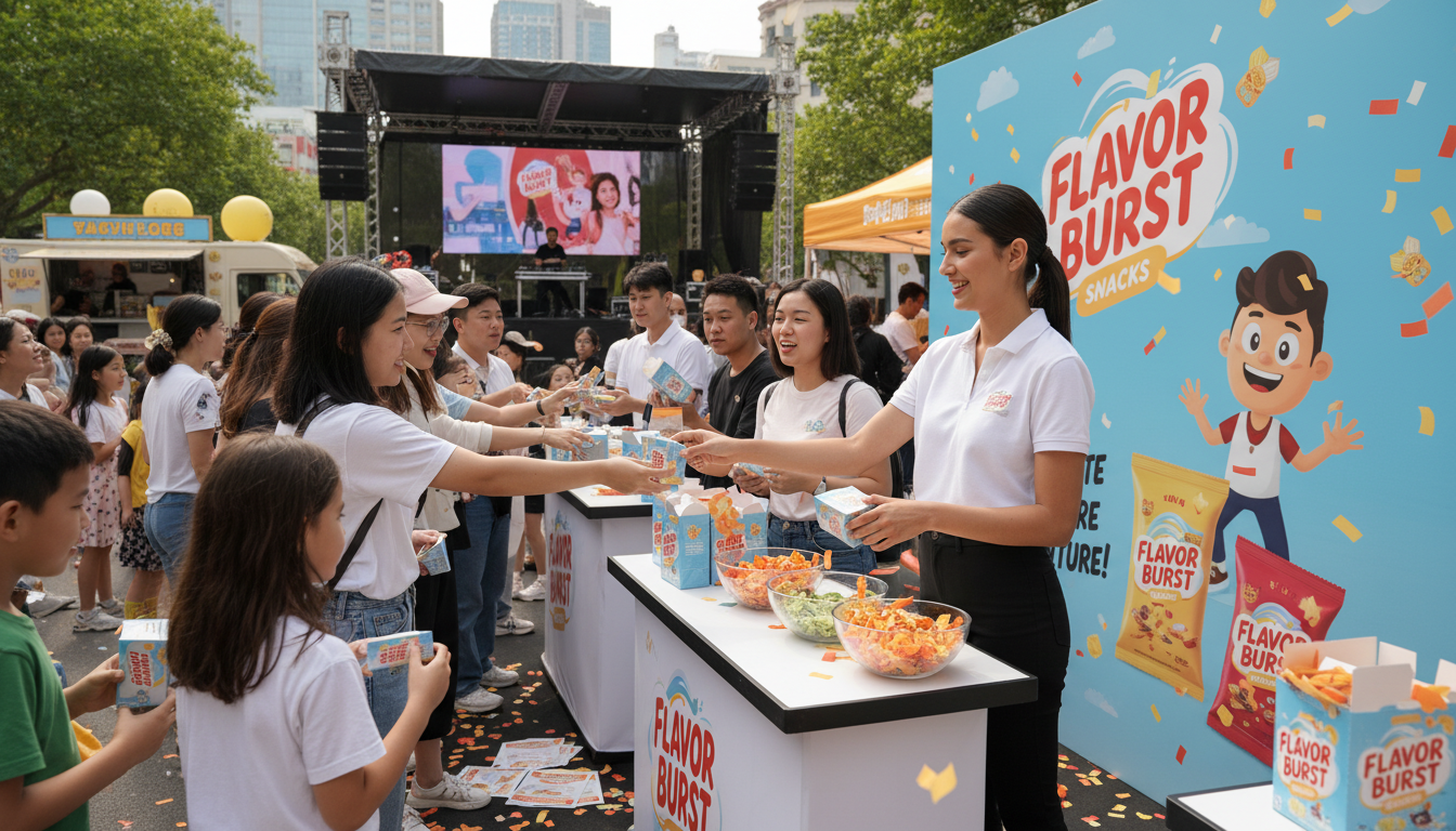 Brand ambassador distributing product samples at a promotional marketing event