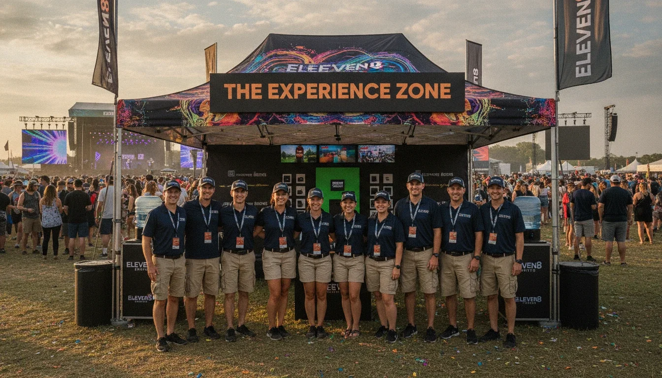 Eleven8 event staff members in uniform at a multi‑day festival activation