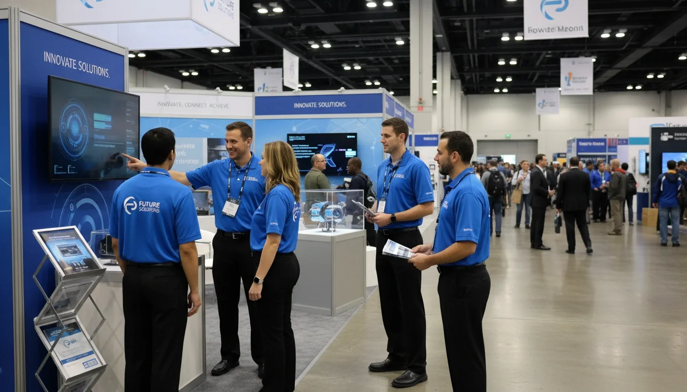 Five trade show staff members in matching branded attire working an exhibit booth at a convention center