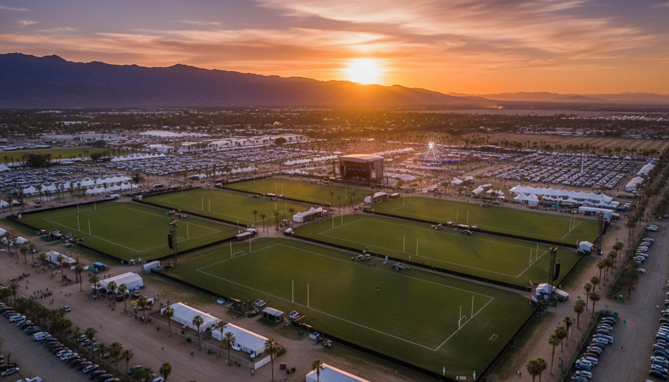 Wide aerial shot of the Empire Polo Club grounds in Indio California at sunset