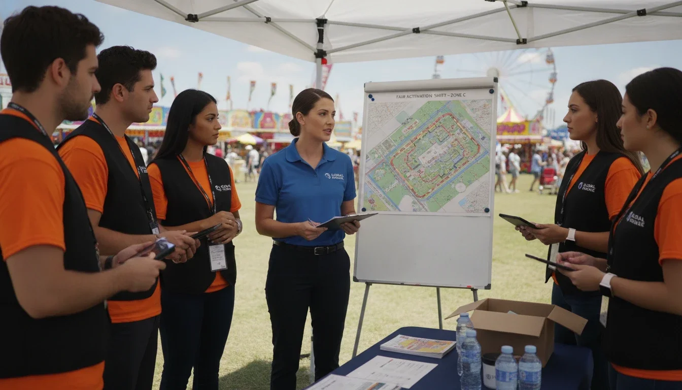Event captain briefing brand ambassador team before fair activation shift