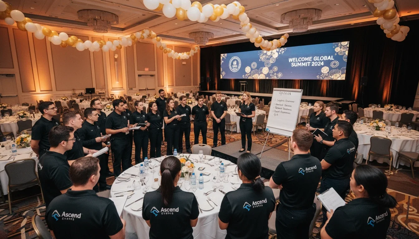 event staff team briefing pre-event corporate ballroom Los Angeles