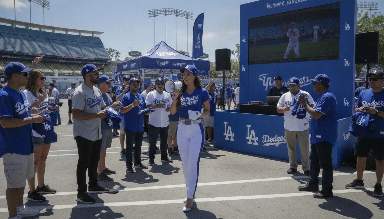 Brand ambassador engaging with Dodger fans at a pre-game activation in the stadium lot
