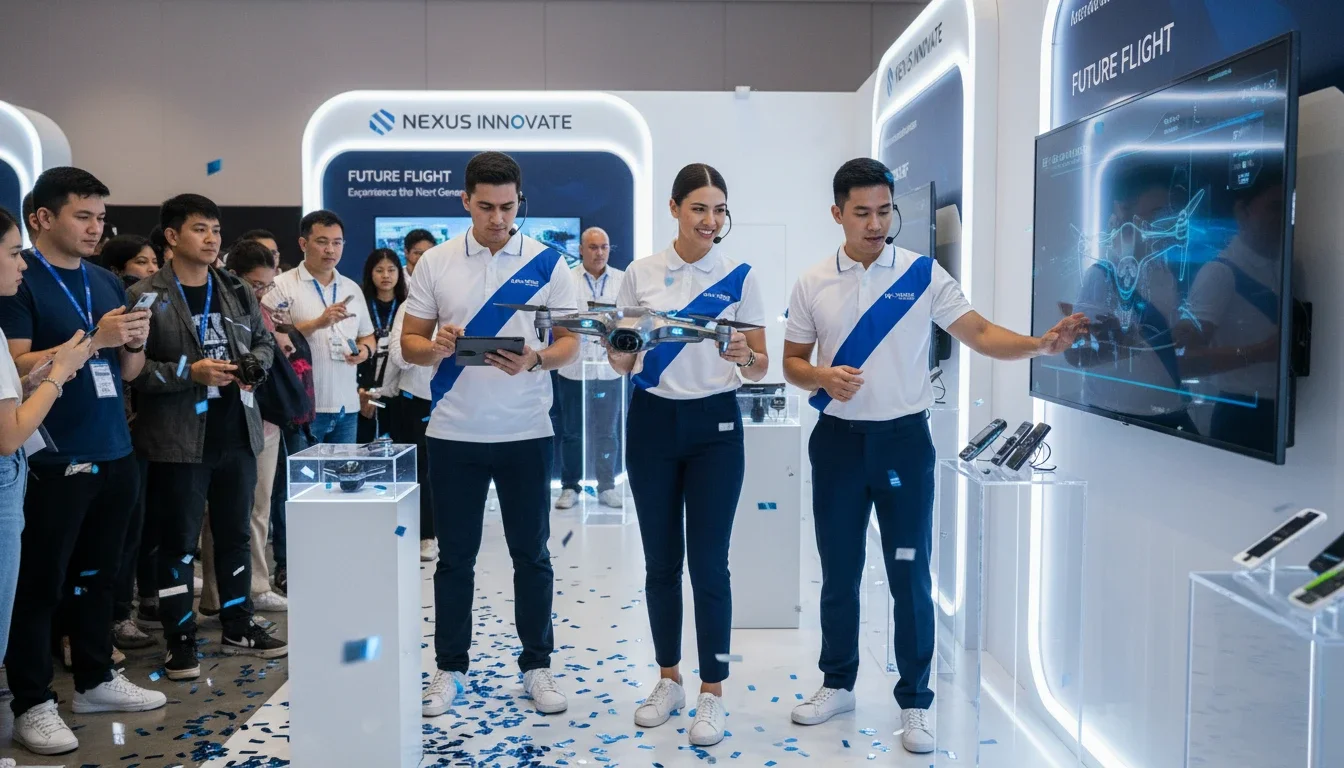 Event staff in branded uniforms conducting a product demonstration at a launch activation