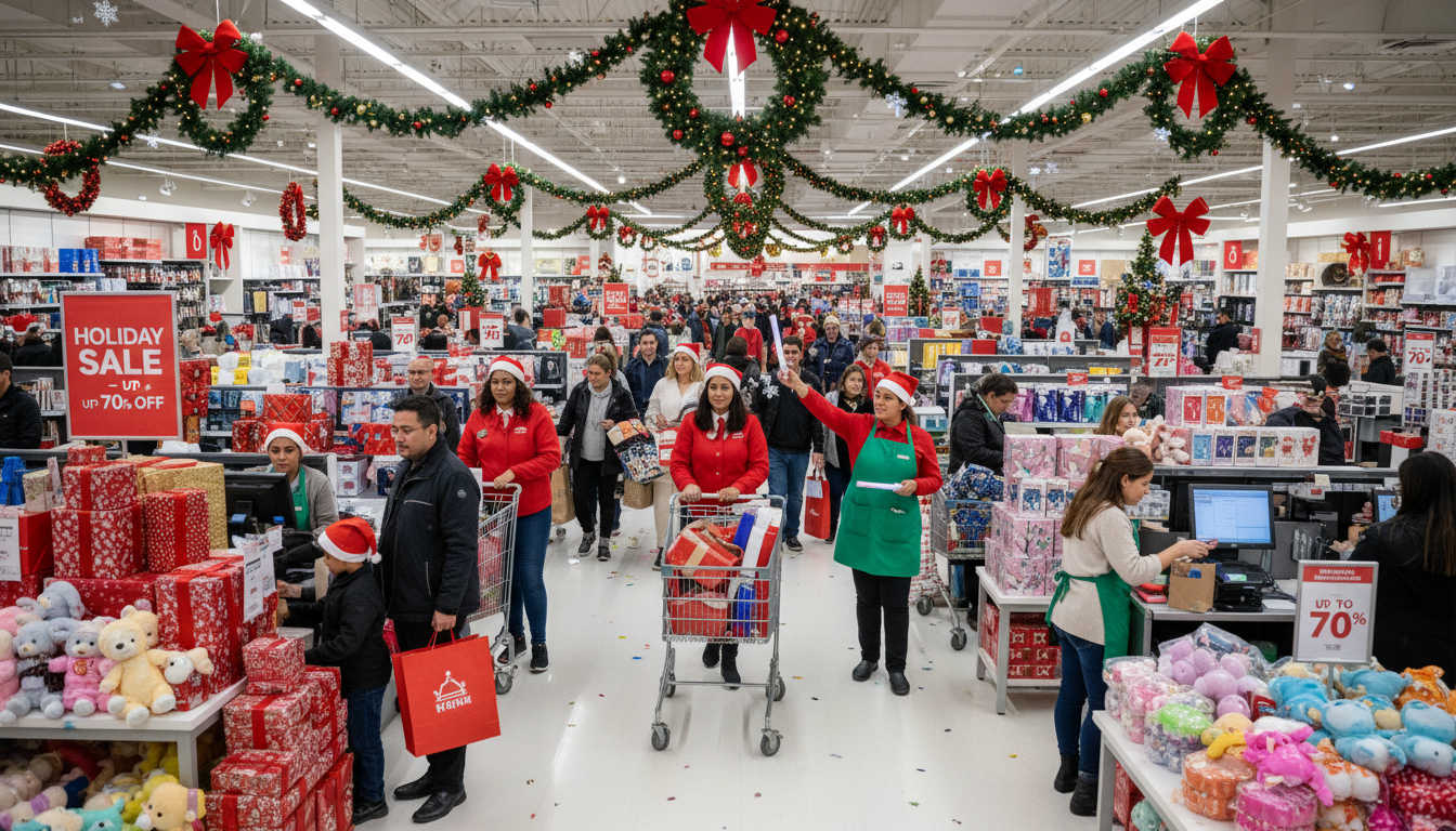 Busy retail floor during holiday season with multiple staff members managing customer flow