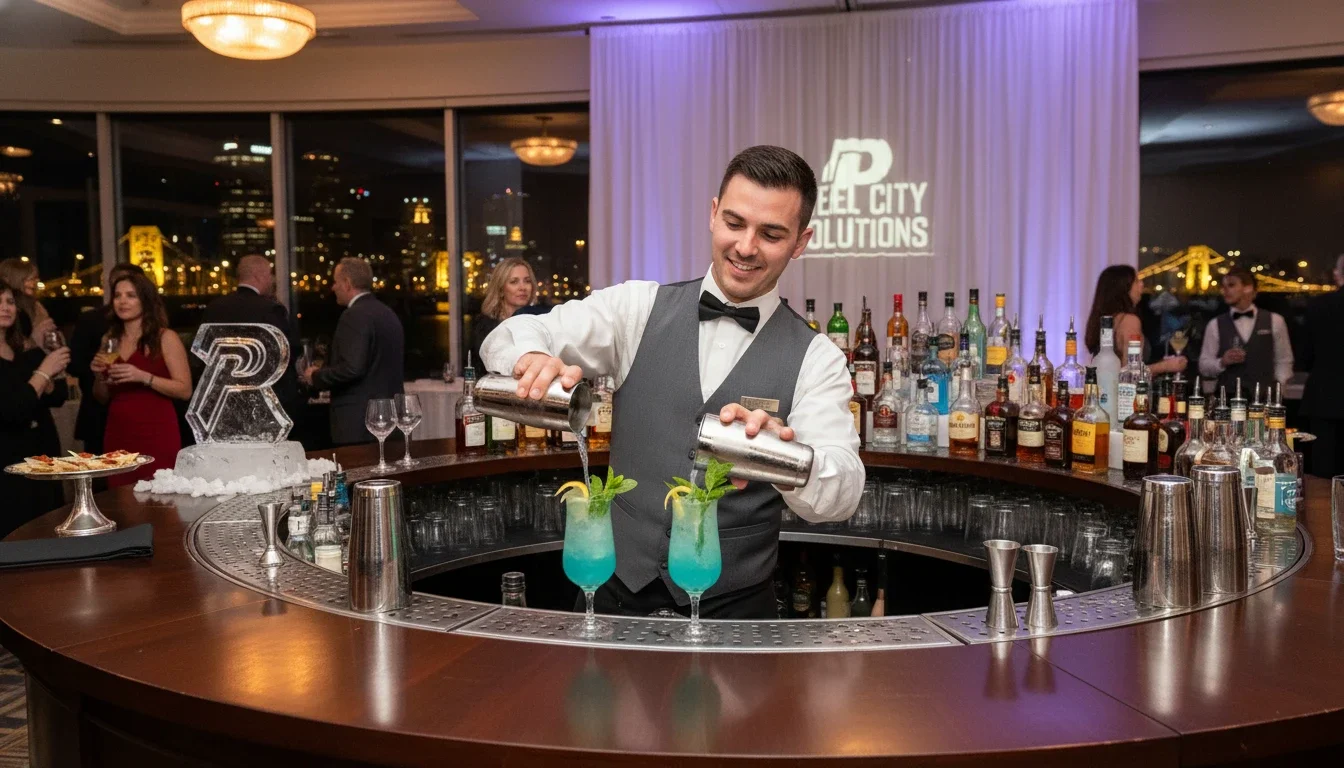 Event bartender pouring drinks at an upscale Pittsburgh corporate gala event