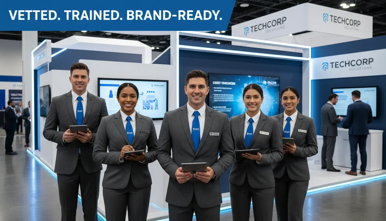 Professional event staff at a corporate activation — vetted, trained, and brand-ready