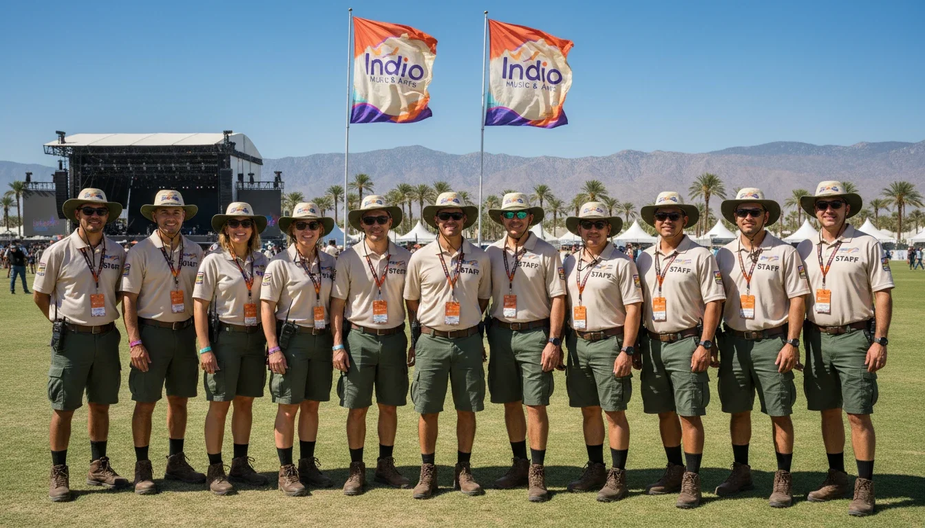Professional event staff in branded uniforms ready to work at an Indio event