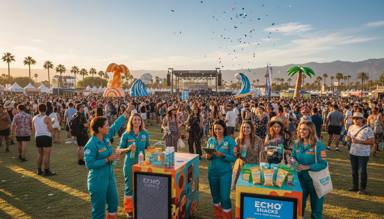 Brand ambassadors engaging festival attendees at a large-scale outdoor event in California