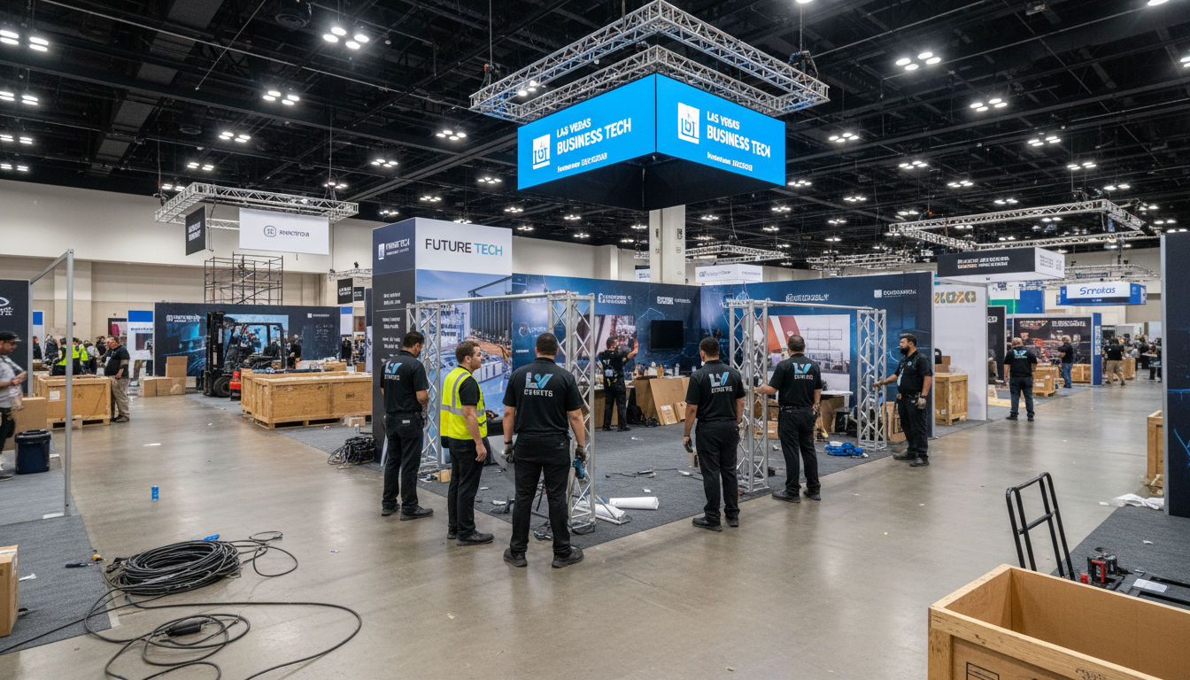 Event staff supporting booth setup at a Las Vegas convention trade show