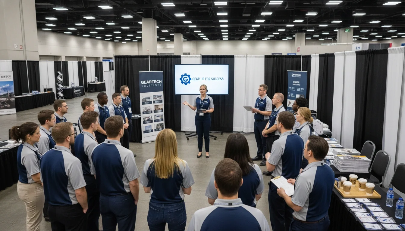 Event staff team briefing before a trade show booth opens at a convention center