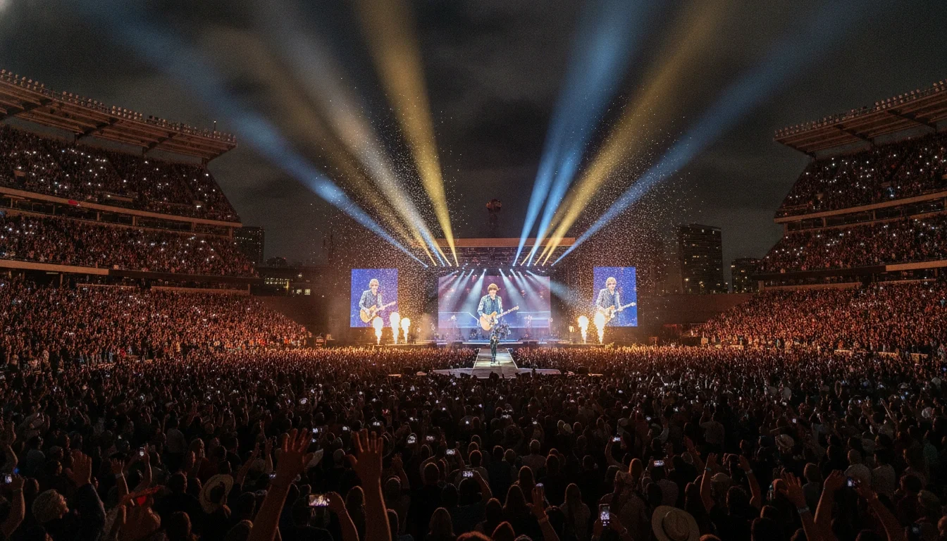 Sold‑out country music stadium concert at night with stage lighting and full crowd