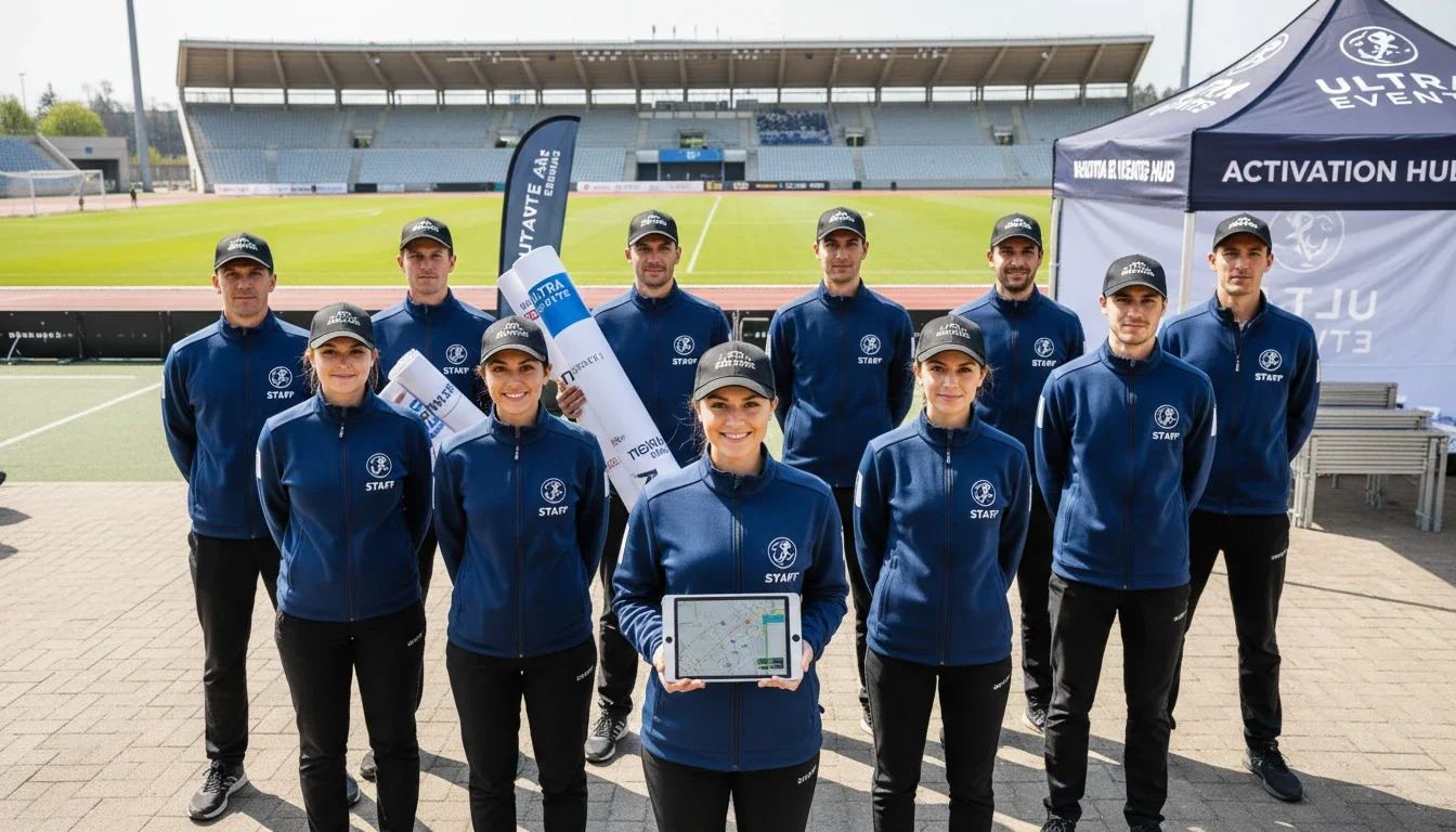 Professional event staff team ready to deploy for a sporting event activation