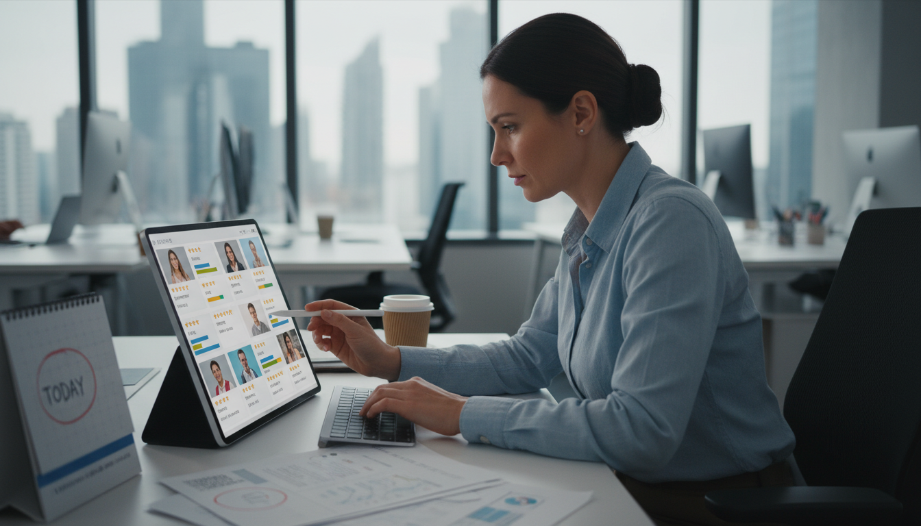 A staffing coordinator reviewing temp worker profiles and ratings before assigning a shift