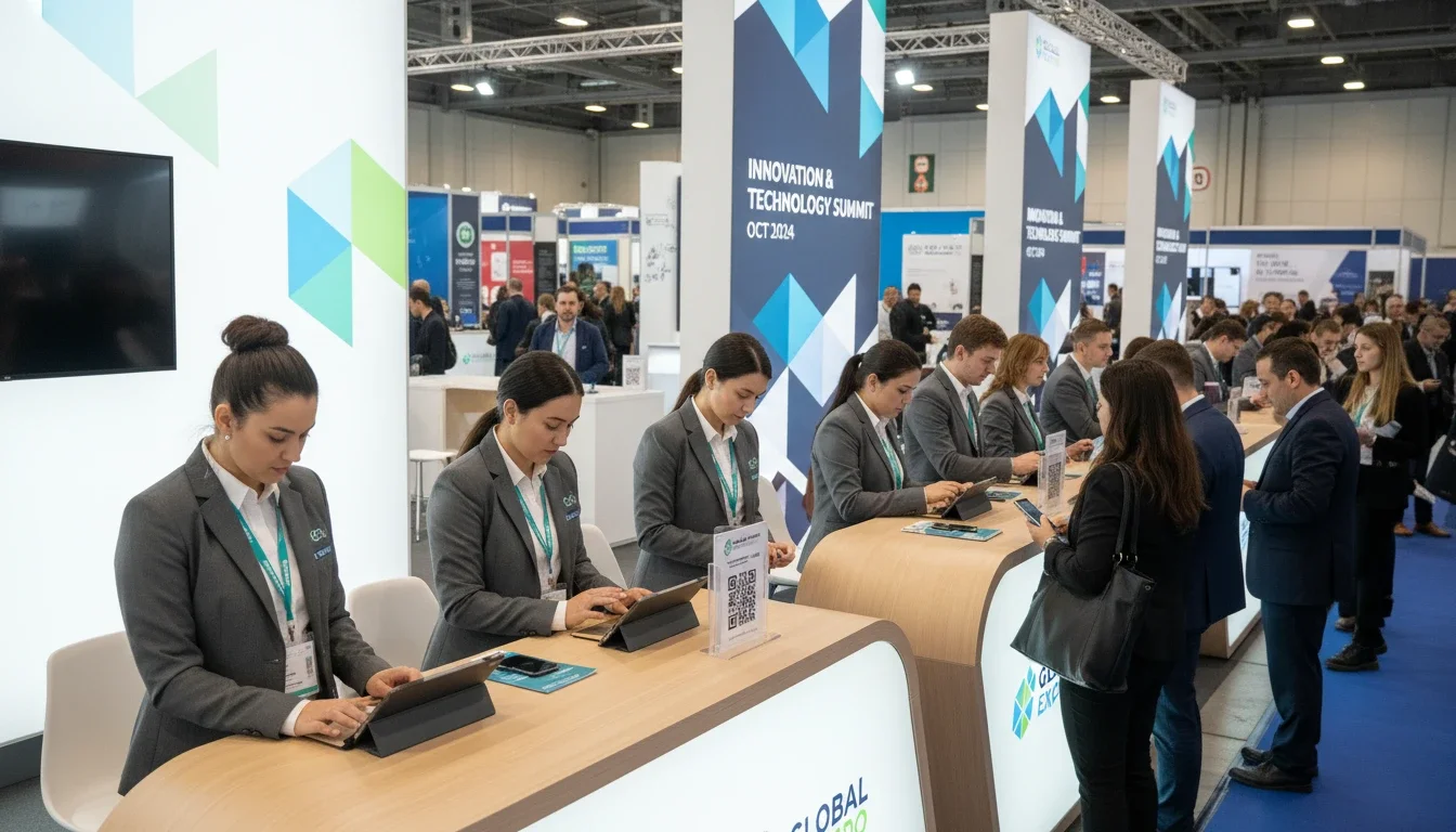 professional event staff branded uniforms trade show booth registration desk