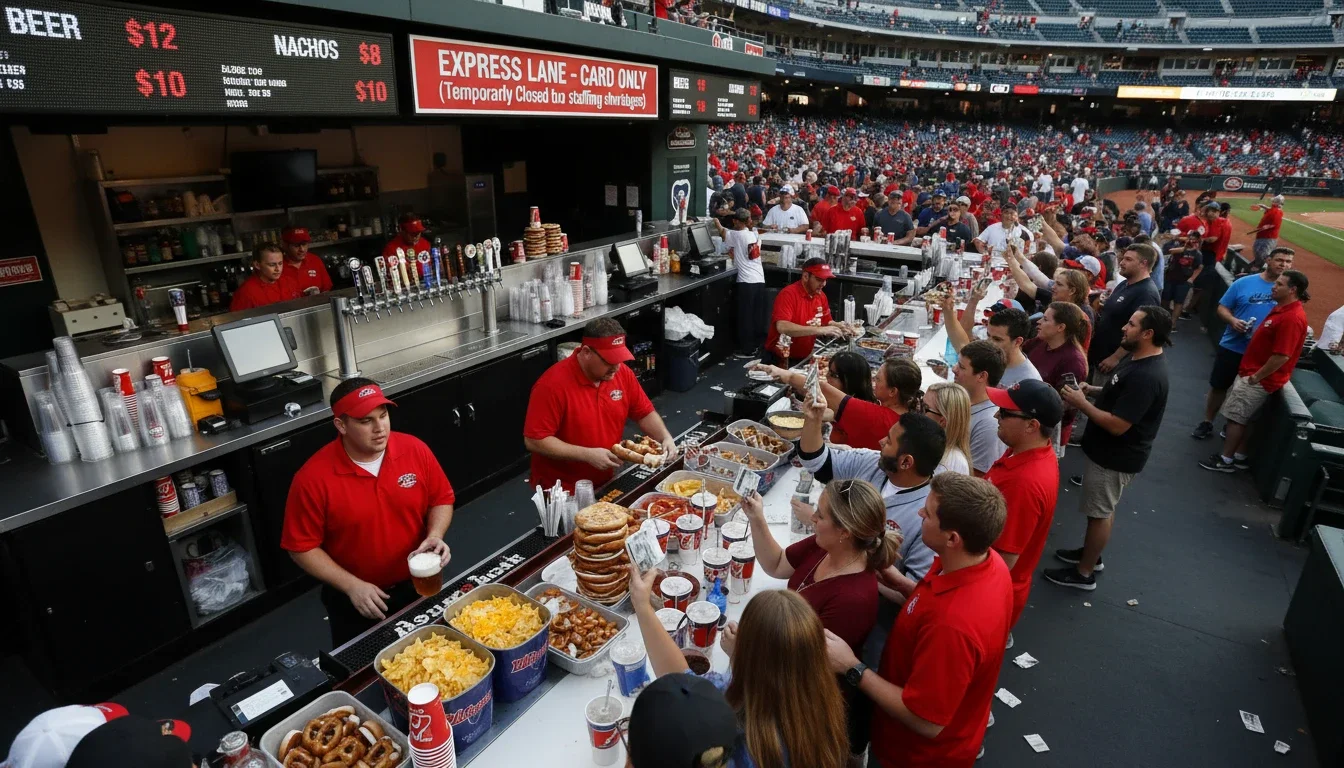 Busy bar staff serving drinks at a large sports event venue