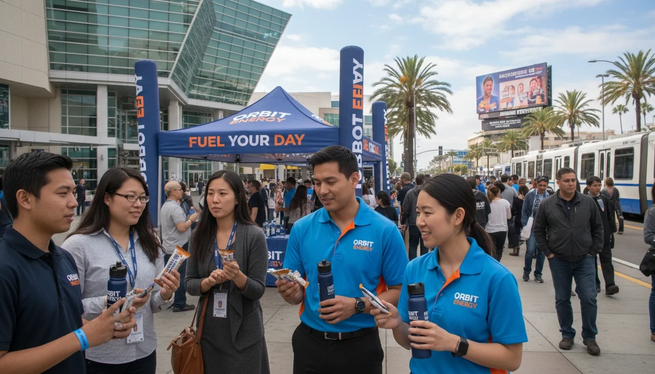 Street team and pop-up staff distributing promotional materials at an Anaheim event