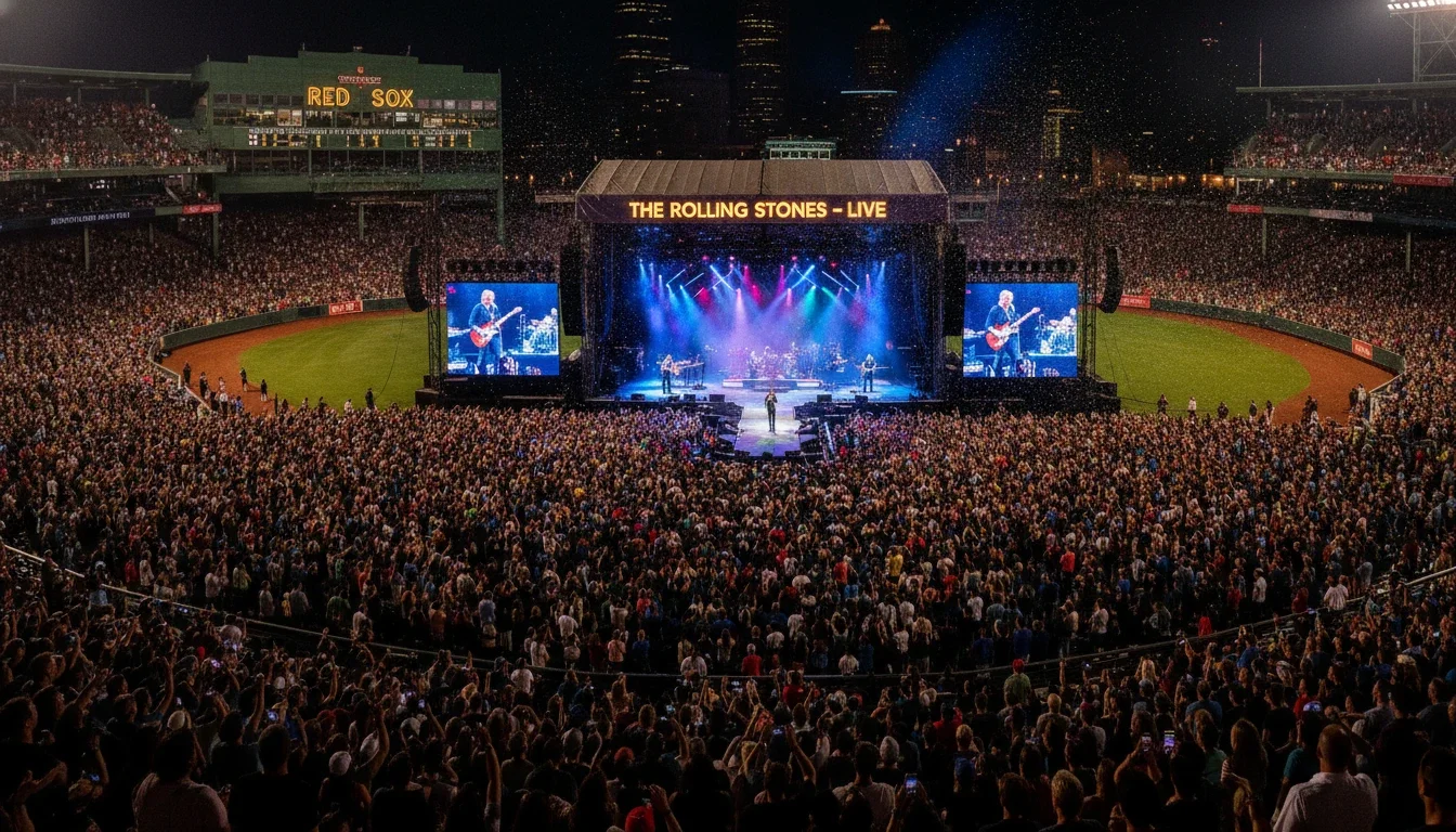 Crowd of concert-goers inside Fenway Park during a summer night show with stage lights and the scoreboard lit up