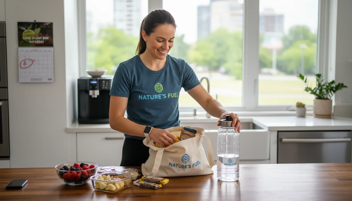 Brand ambassador preparing healthy snacks and water bottle for a long event day