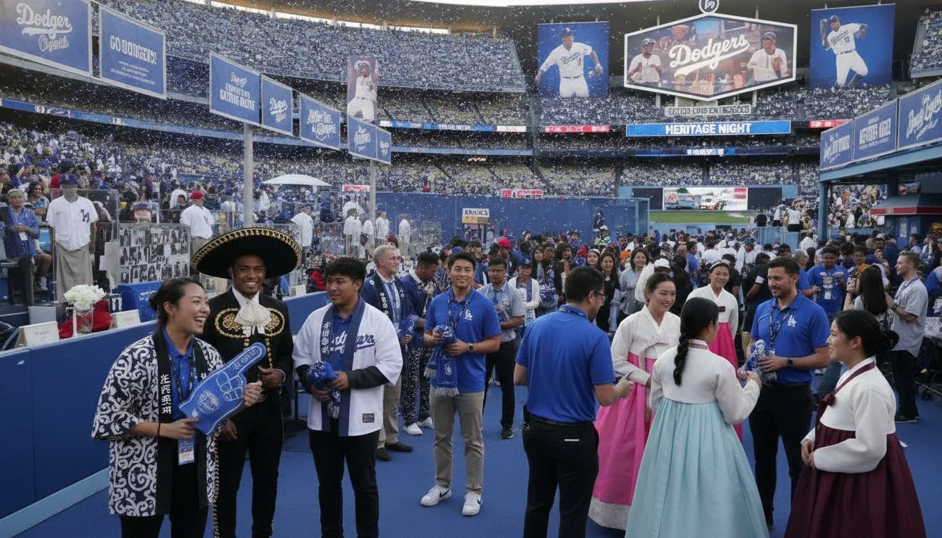 Brand activation staff engaging with diverse fan groups at a Dodger Stadium heritage night event